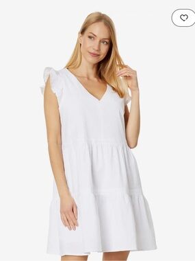 Southern Tide White V-Neck Ruffle Sleeve Tiered Mini Dress